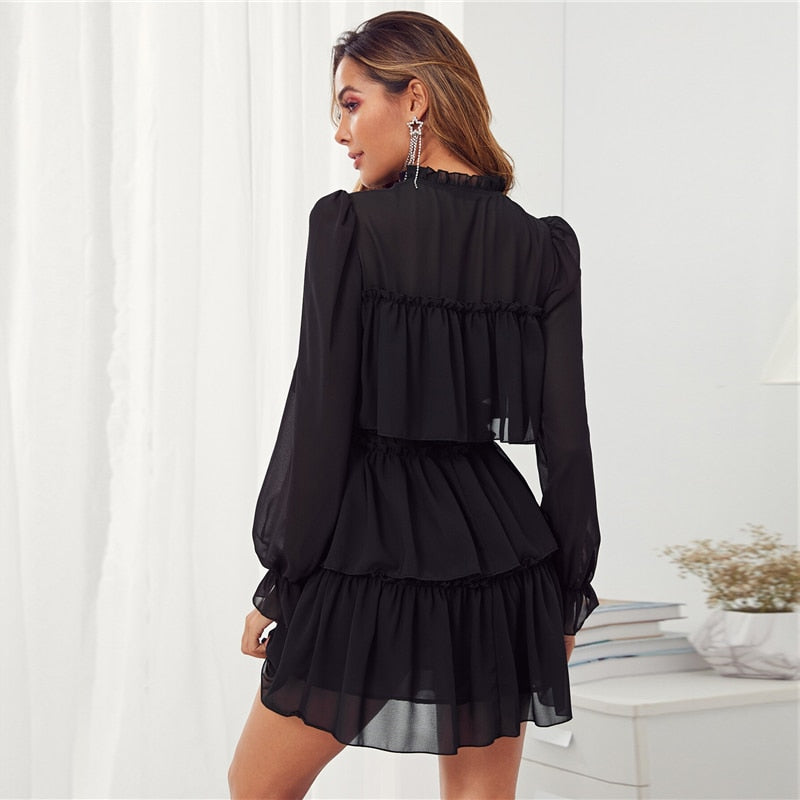 tiered mesh mini dress Black Ruffle Trim Layered Mesh Mini Dress – Victoria Ronaldo