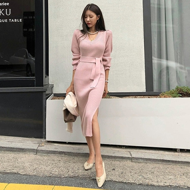 pink v neck sweater dress LEVEN SIXTEEN Long Sleeve V-Neck Sweater Dress 2025, Women's Empire Waist Babydoll Fall Dress with Pockets Pink Pink Large