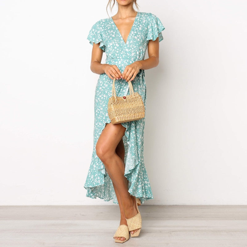 Mint Blue Floral Print Summer Boho Dress – Victoria Ronaldo