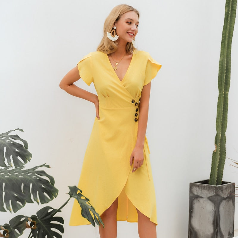Summer V-Neck Wrap Dress with Petal Sleeves – Victoria Ronaldo Summer V-Neck Wrap Dress with Petal Sleeves – Victoria Ronaldo