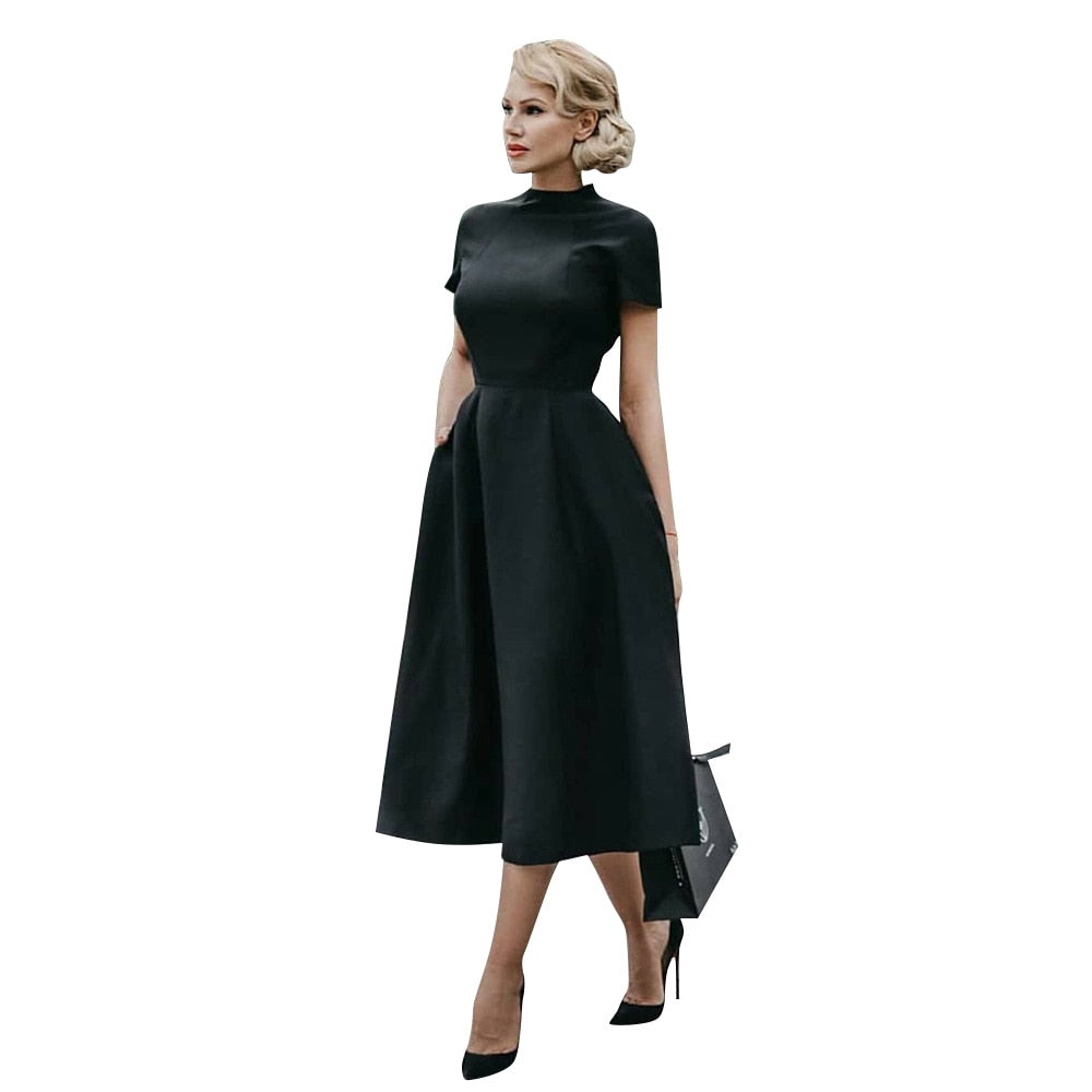 Elegant Vintage Black Satin Fit & Flare Dress – Victoria Ronaldo