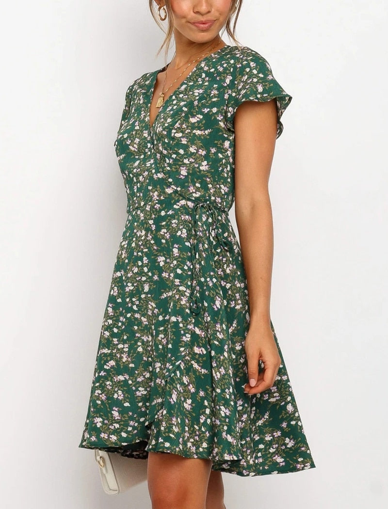 V-Neck Floral Print Summer Casual Mini Beach Dress – Victoria Ronaldo