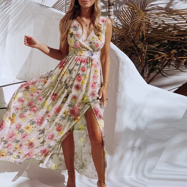 summer dress with slit High Neck Slit Floral Print Long Summer Dress – Victoria Ronaldo