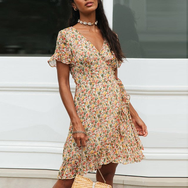 Summer Boho Beach Ruffle Wrap Dress with Floral Print  Victoria Ronaldo