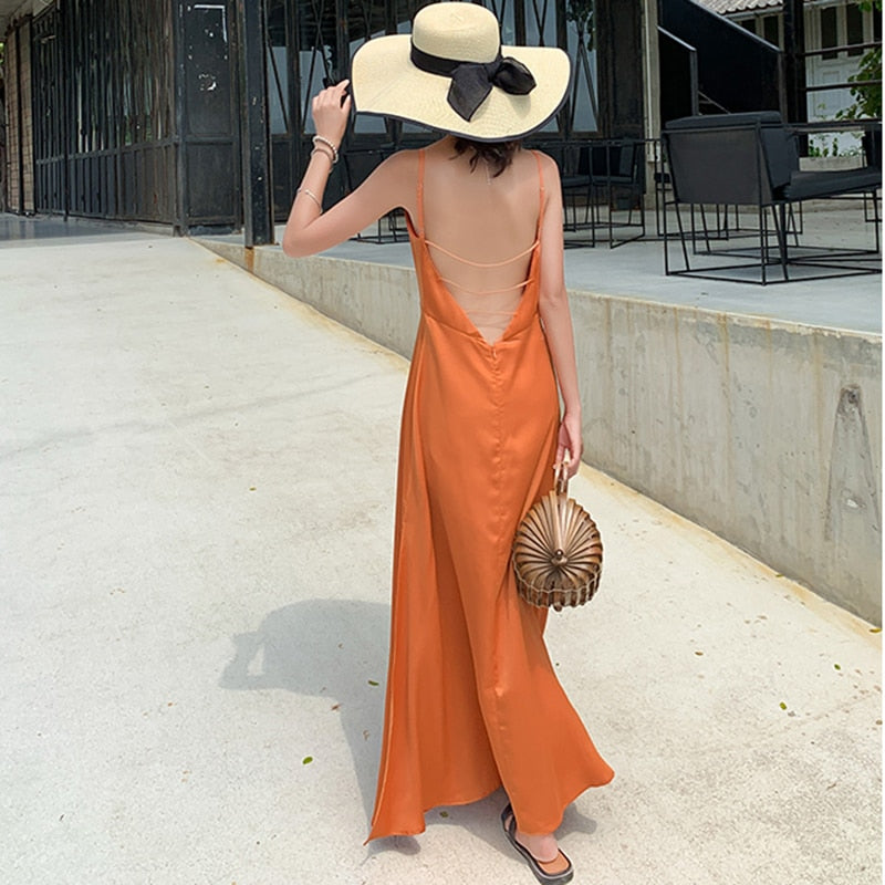 Orange Satin Backless Maxi Dress – Victoria Ronaldo