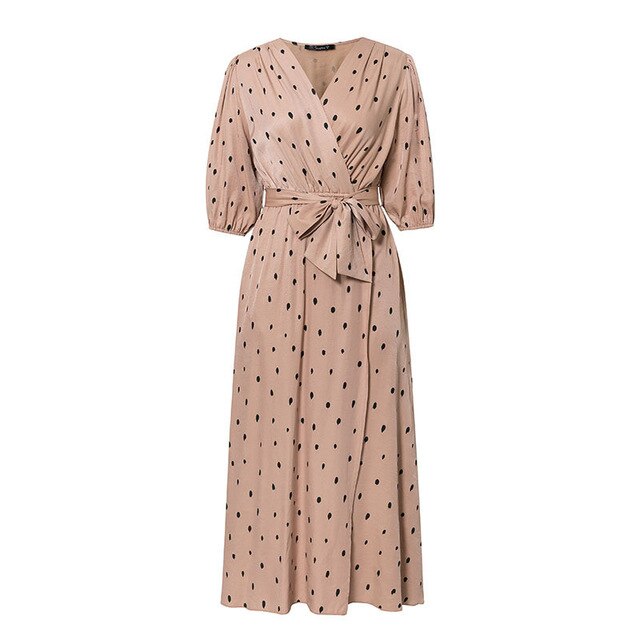 Elegant Polka Dot Wrap Dress with Puff Sleeves – Victoria Ronaldo