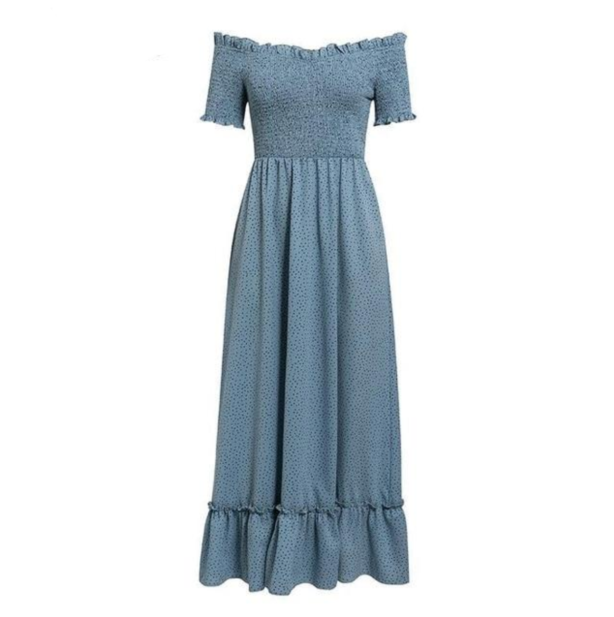 Off Shoulder Polka Dot Ruffle Maxi Dress