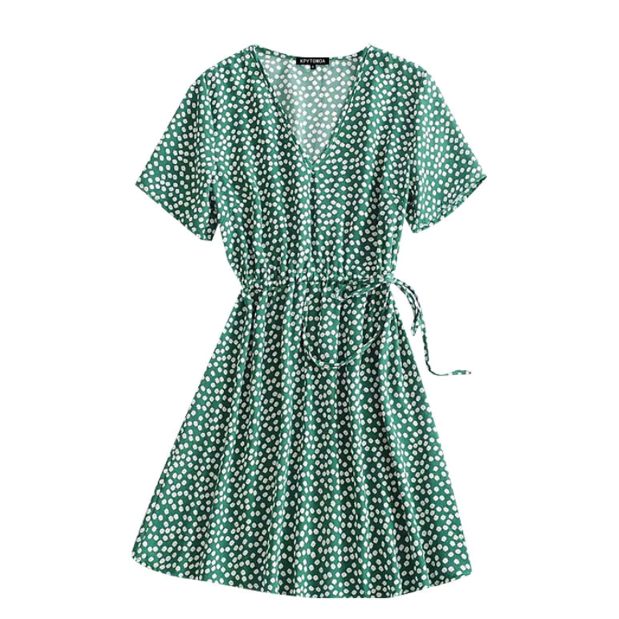 Mint Green Chic Floral Print Pleated Mini Dress