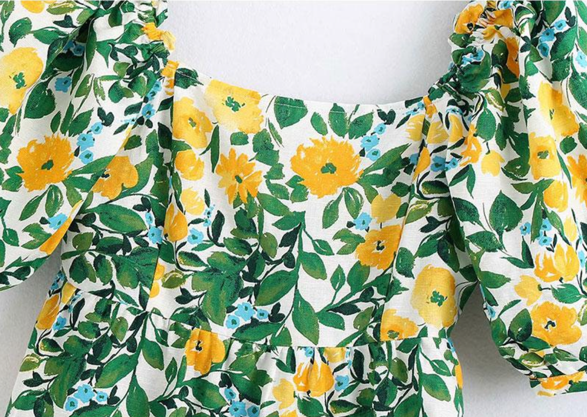 Elegant Fashion Floral Print Mini Dress with Puff Sleeves