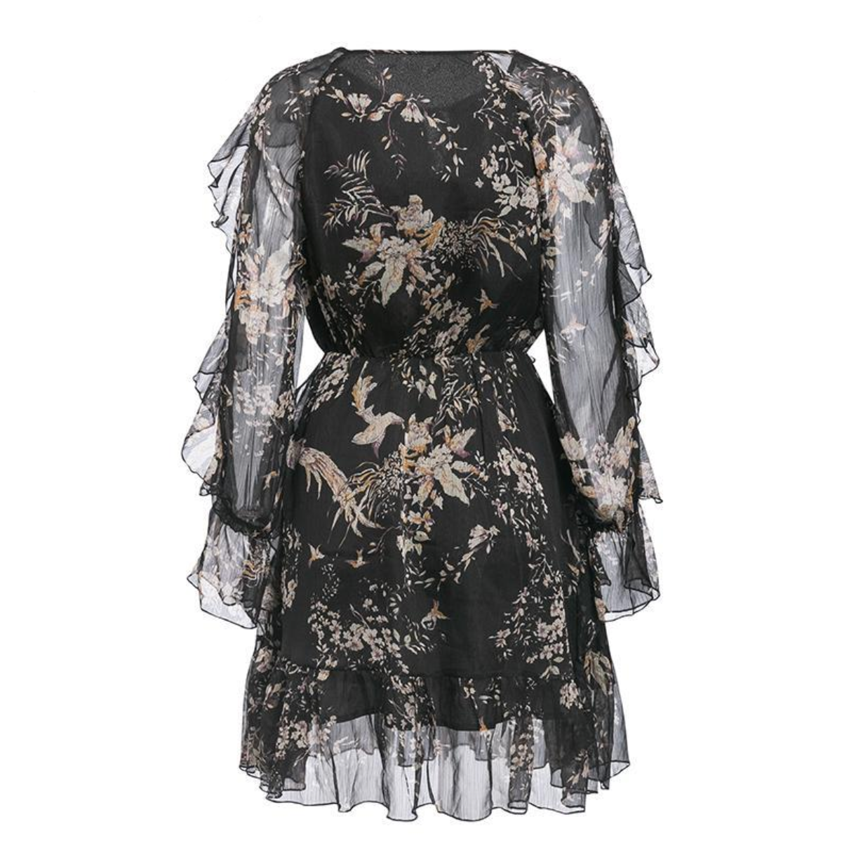 Elegant Black Floral Print Ruffle Mini Dress