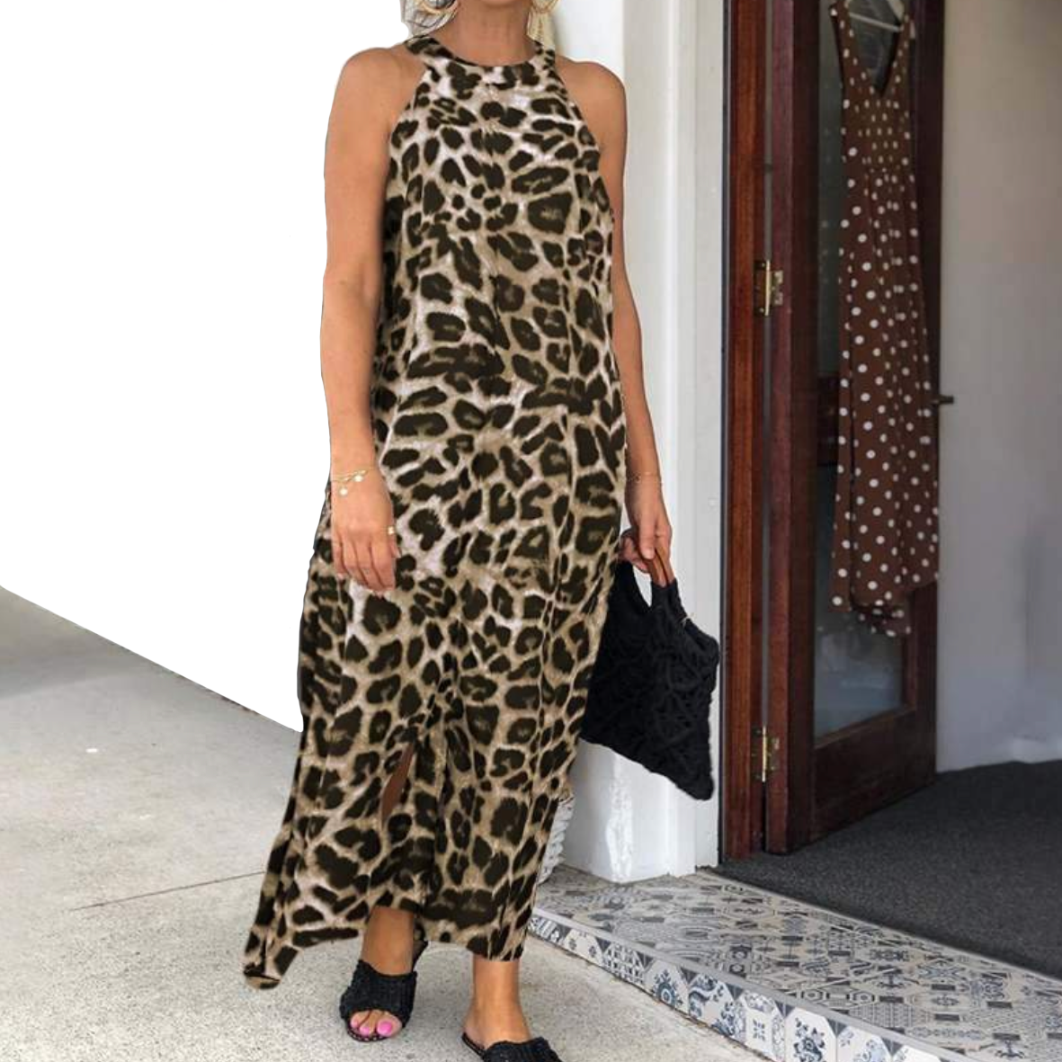 Bohemian Leopard Print Halter Maxi Dress