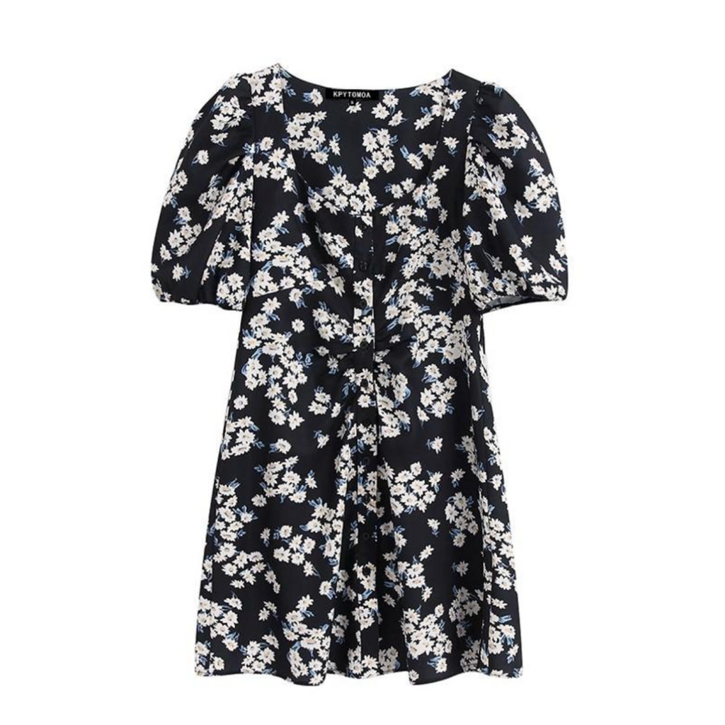 Chic Vintage Floral Print Pleated Mini Dress