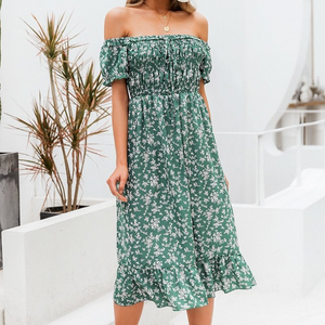 Boho Off Shoulder Floral Print Dress with Puff Sleeves