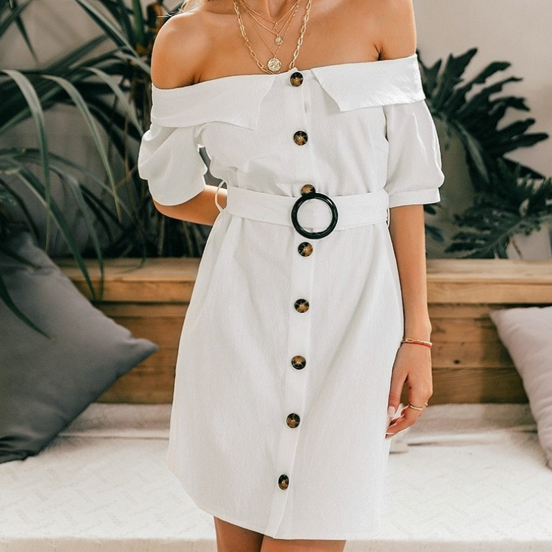 White Buttoned Off Shoulder Dress with Belt