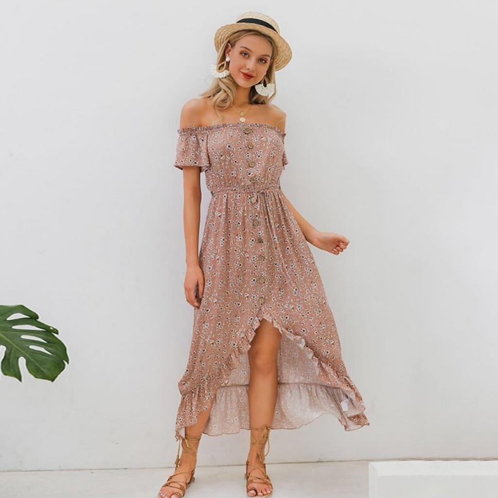 Off Shoulder Summer Pink Floral Print Dress High-Low