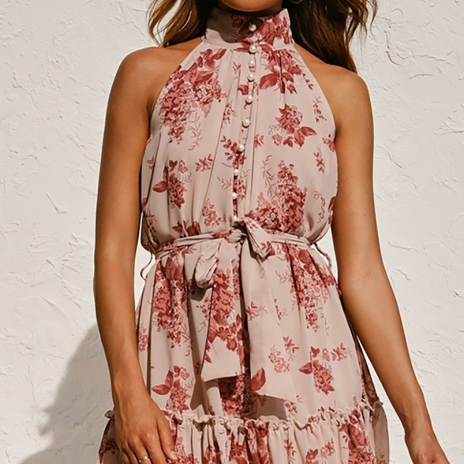 Summer Floral Print Halter Chiffon Dress