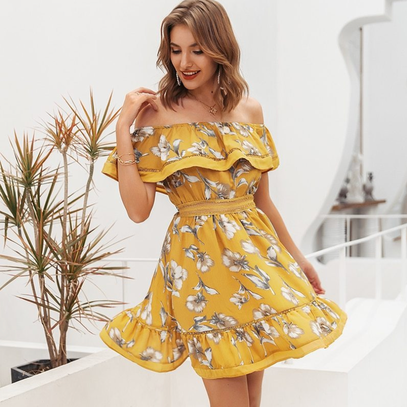 Summer Boho Floral Print Ruffle Dress