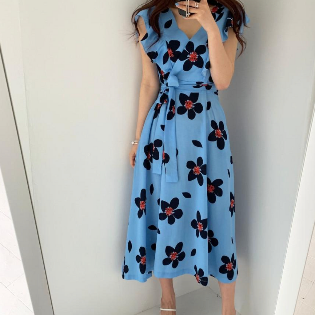 Elegant Floral Ruffle Midi Dress