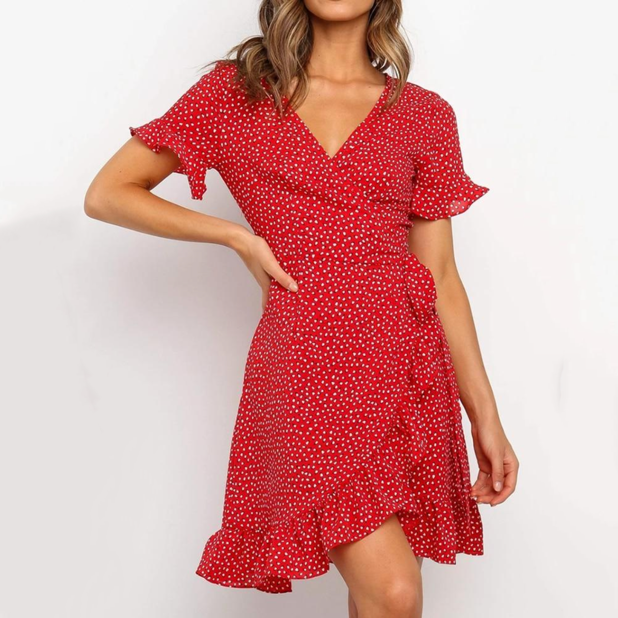 Red floral 2025 wrap mini dress