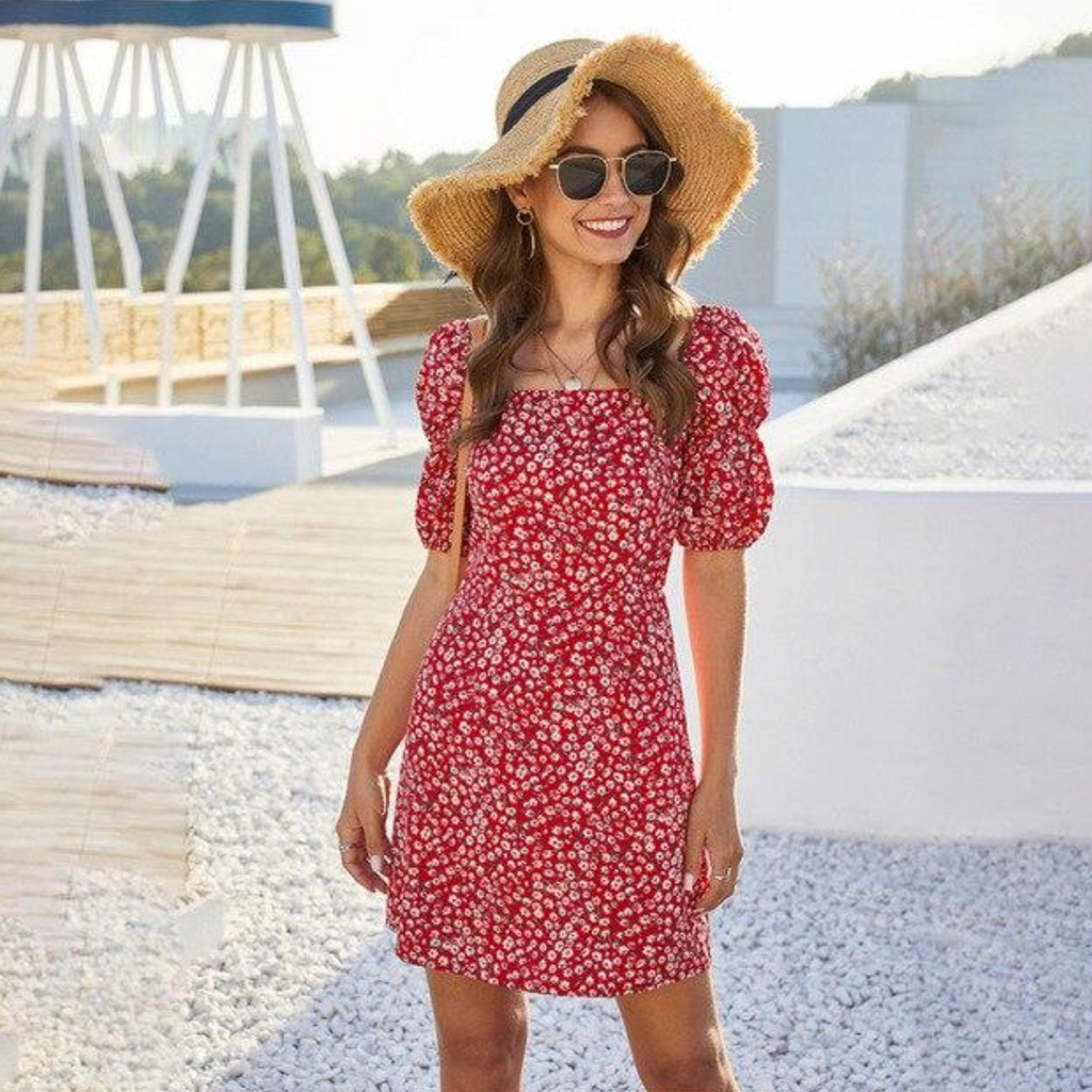 Floral Lantern Sleeve Red Mini Sundress