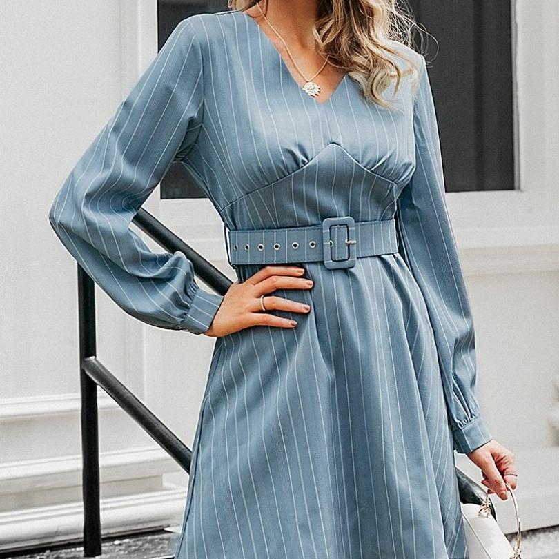 Belted Blue Striped Dress