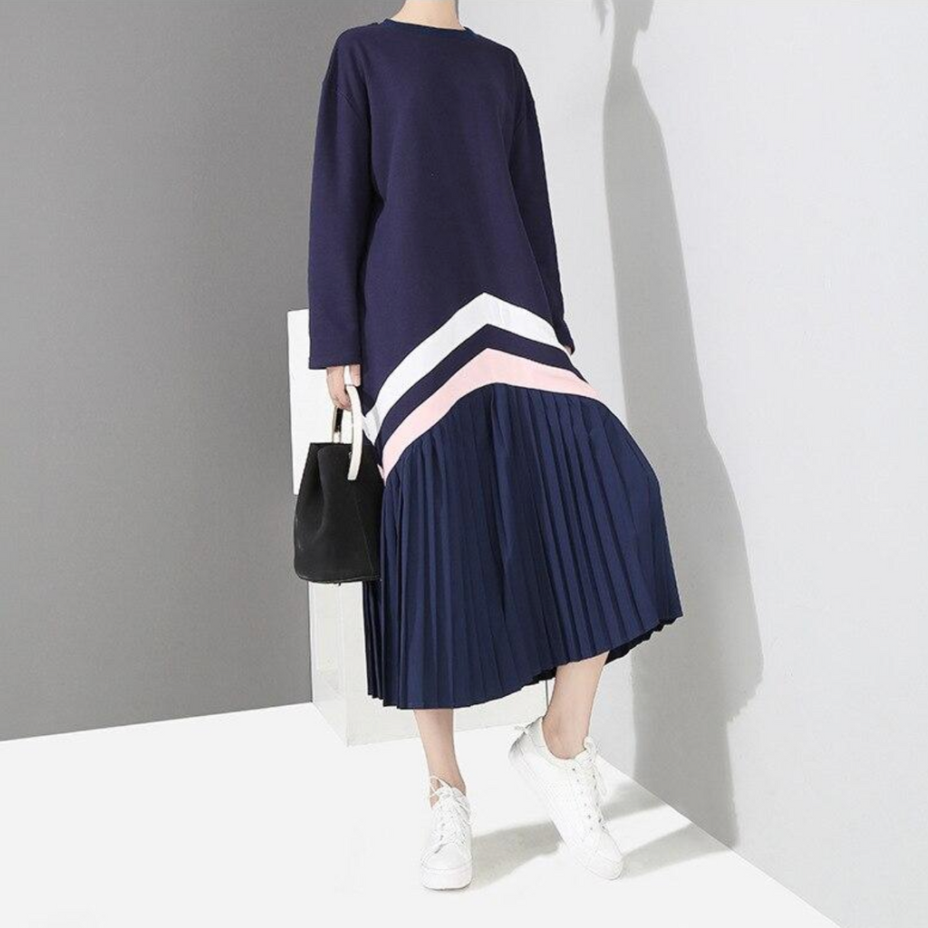 Navy Striped Split Pleated Midi Dress