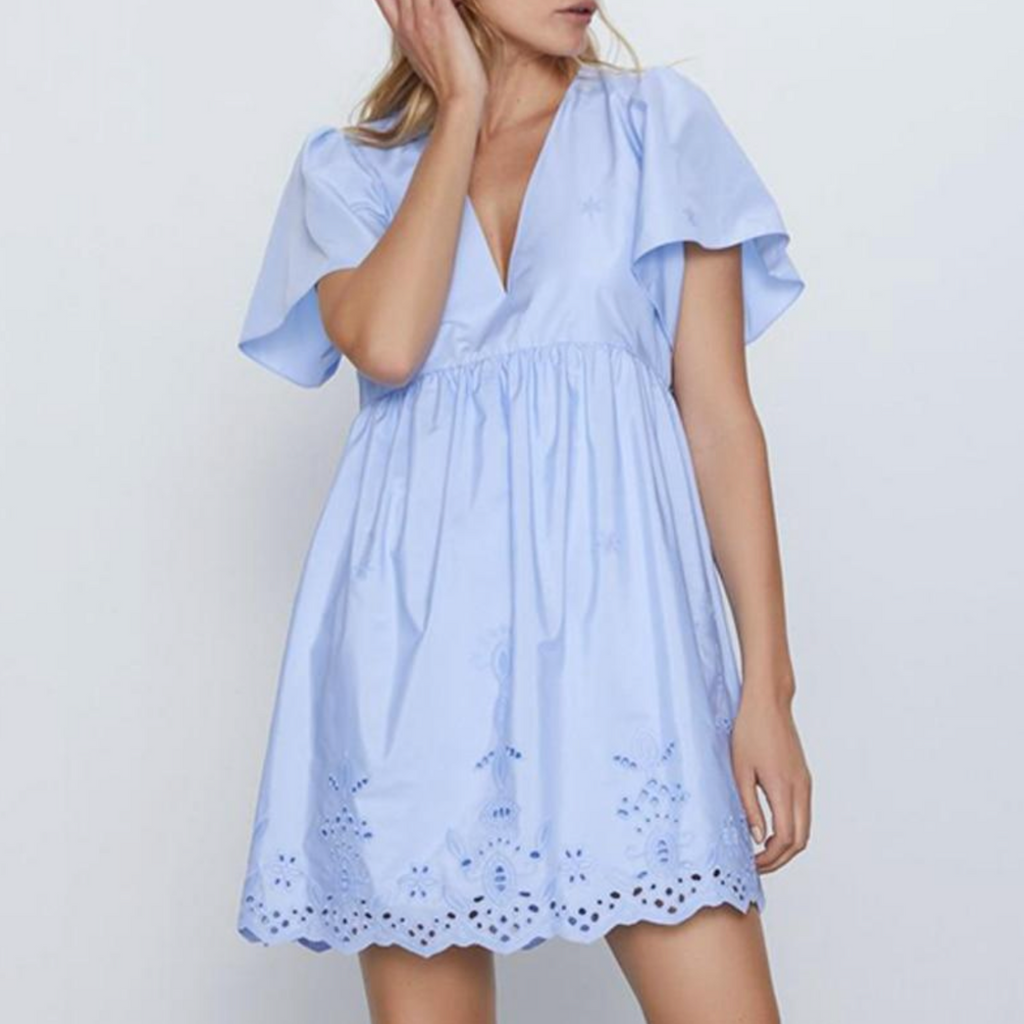 Blue Hollow Out Embroidery Dress