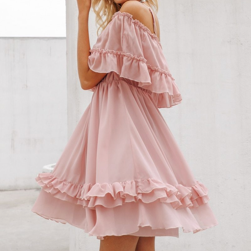 Elegant Ruffled Chiffon Off Shoulder Dress