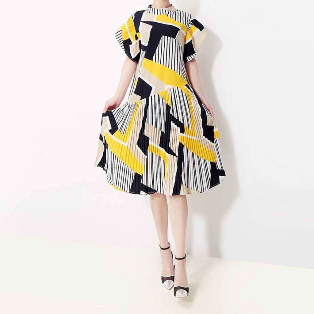 Yellow Striped Pleated Dress