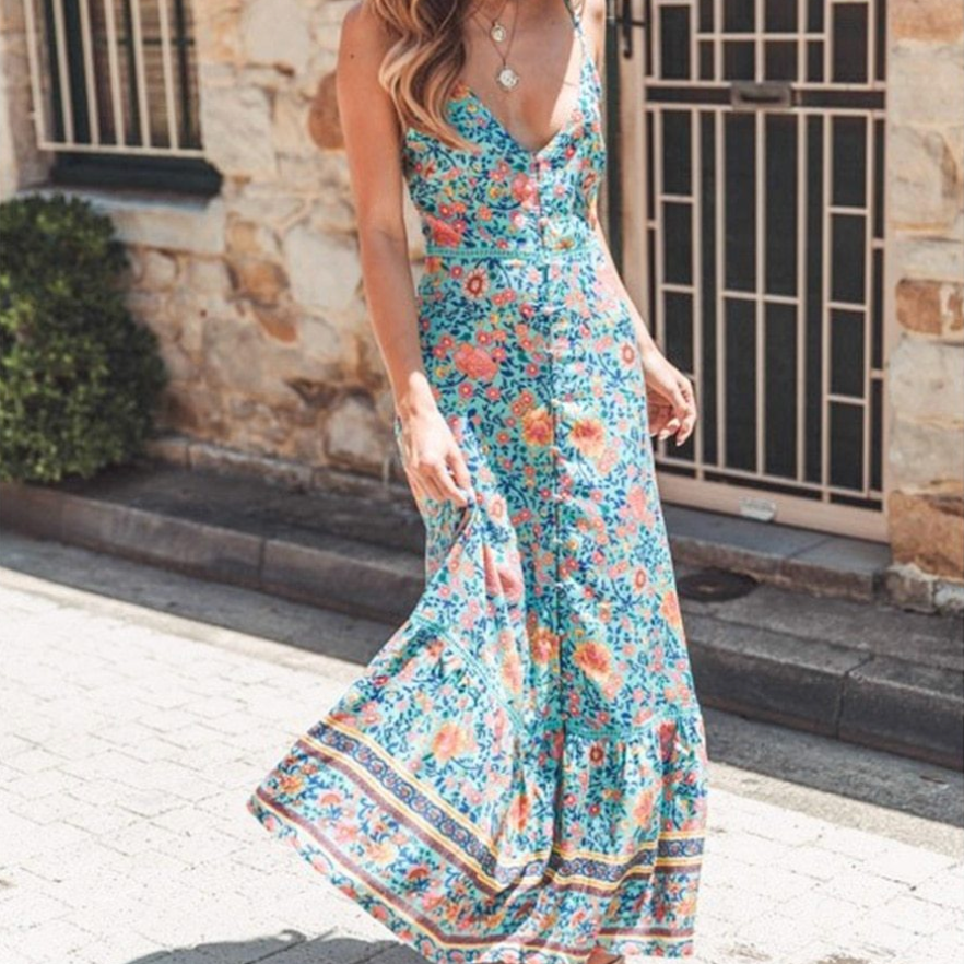 Bohemian Mint Floral Print Maxi Dress