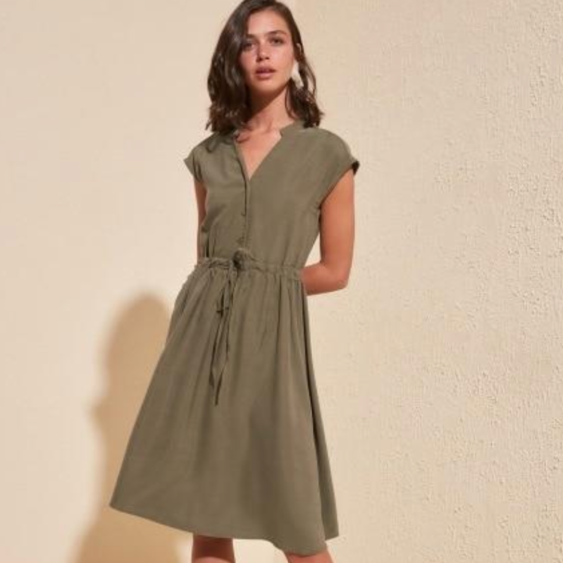 Khaki Short Sleeve Belted Dress