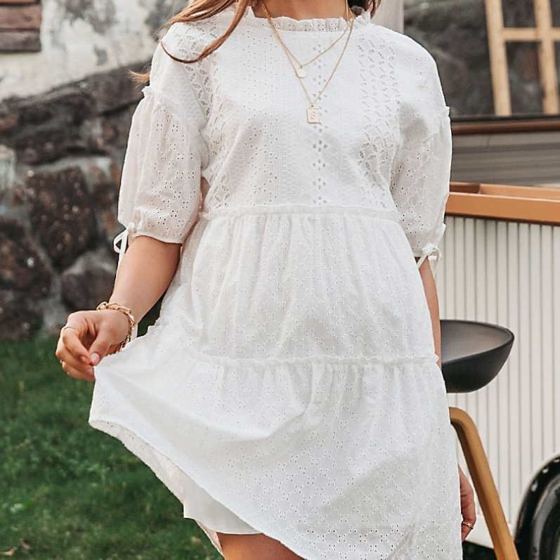 White Embroidery Lace Up Bow Dress