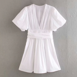 White Bubble Sleeve A-line Dress