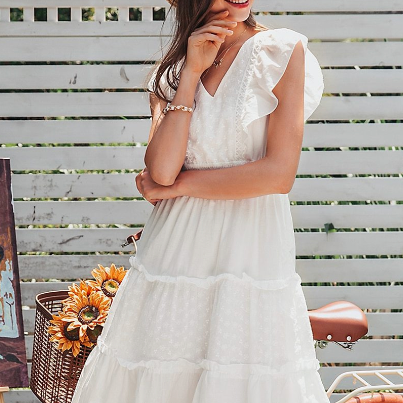 Elegant V-Neck Ruffle White Summer Dress