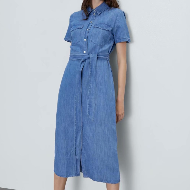 Short Sleeve Blue Denim Dress with Belt