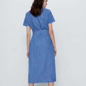 Short Sleeve Blue Denim Dress with Belt