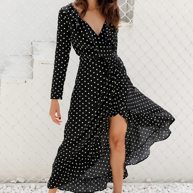 Polka Dot Ruffle Wrap Dress Black & White Victoria Ronaldo Polka Dot Ruffle Wrap Dress Black & White Victoria Ronaldo