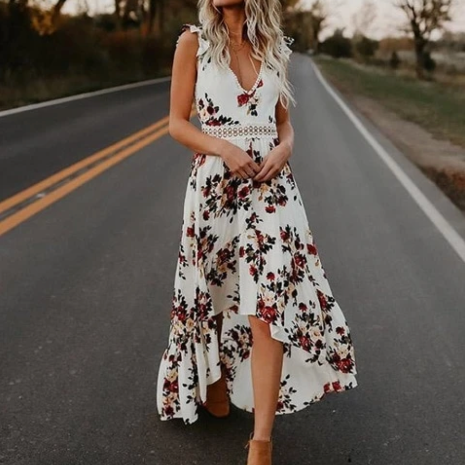 Elegant Vintage Boho Floral High-Low Maxi Dress