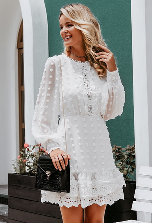 Elegant Long Sleeve Lace Dress with Embroidery Dots
