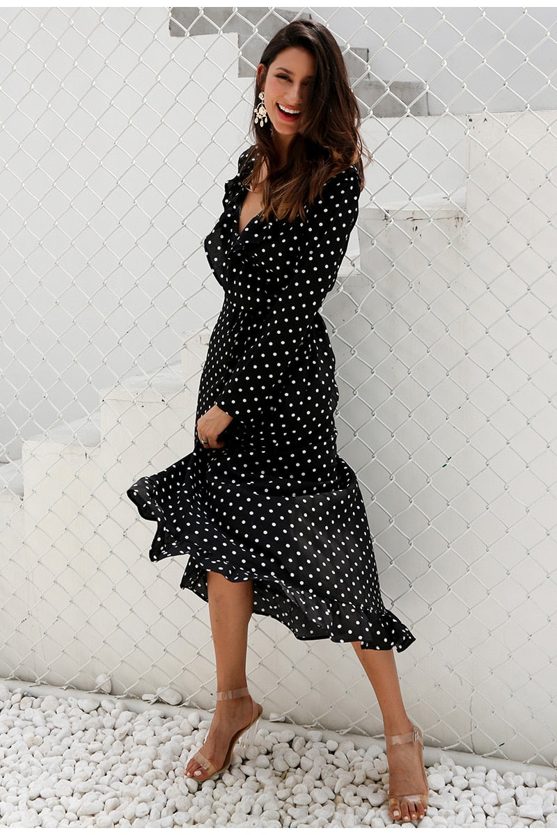 Polka Dot Ruffle Wrap Dress Black & White – Victoria Ronaldo