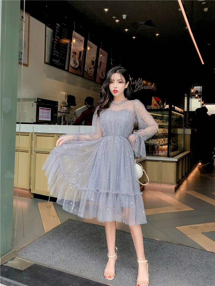 Shiny Sequin Transparent Mesh Elegant Dress