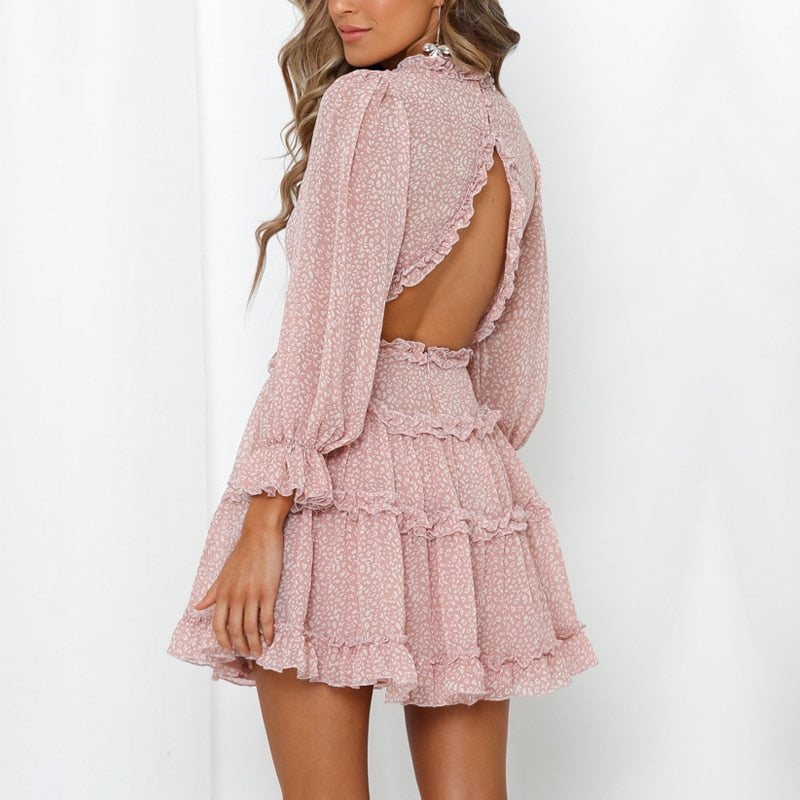 Romantic Pink Chiffon Ruffle Dress with Back Cutout