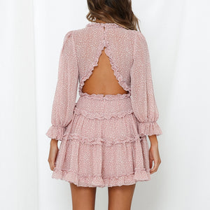 Romantic Pink Chiffon Ruffle Dress with Back Cutout