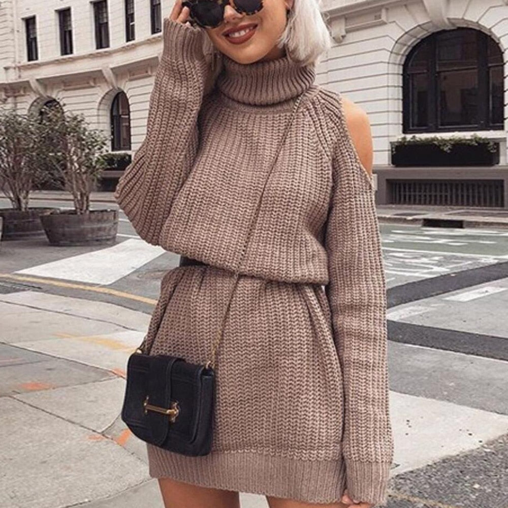 Turtleneck Knit Sweater Dress with Cold Shoulders