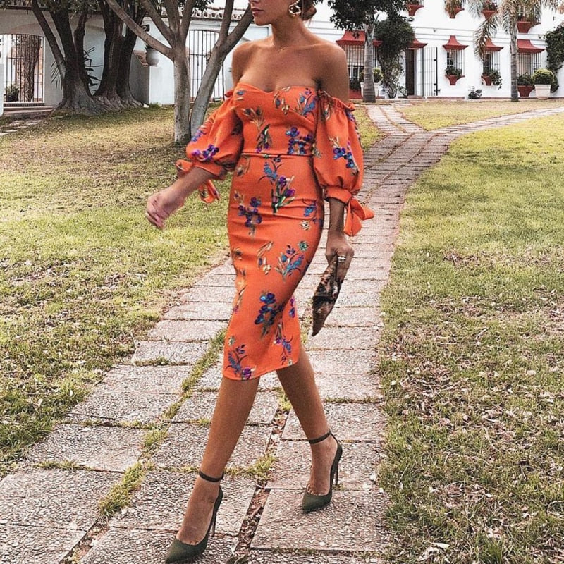 Orange Floral Off Shoulder Sheath Dress