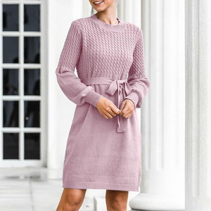 Cable Knit High Waist Sweater Dress with Belt