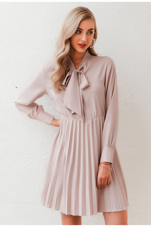 Vintage Solid Pink Pleated Dress with High Neck