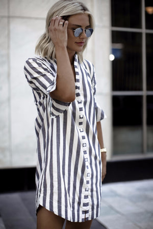 Fashion Half Sleeve Striped Shirtdress