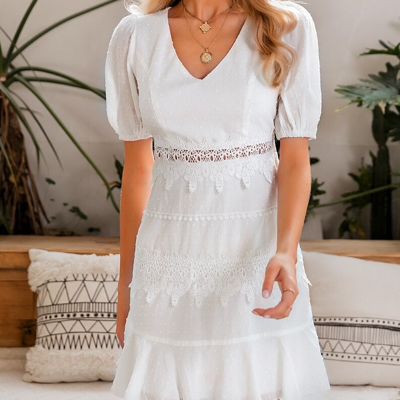 Hollow Out White Lace Dress with Puff Sleeves