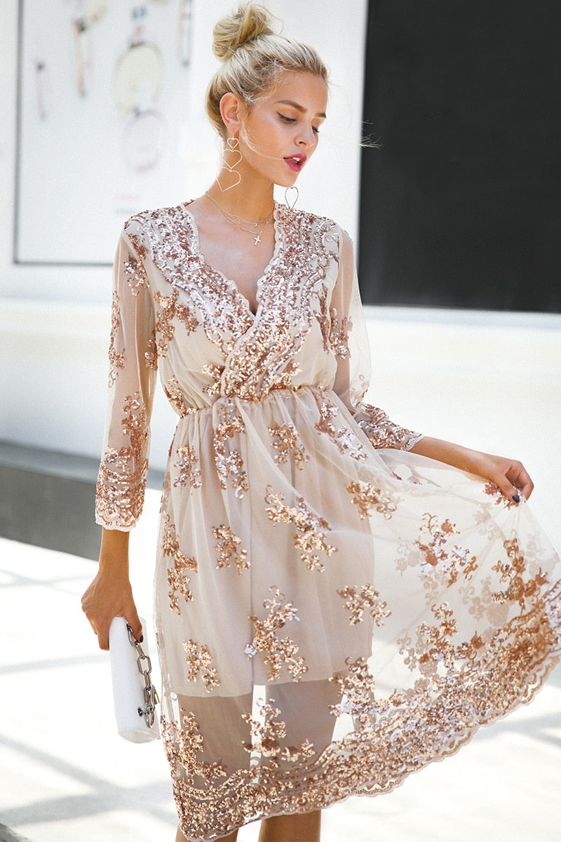 Long Sleeve Mesh Sequin Dress